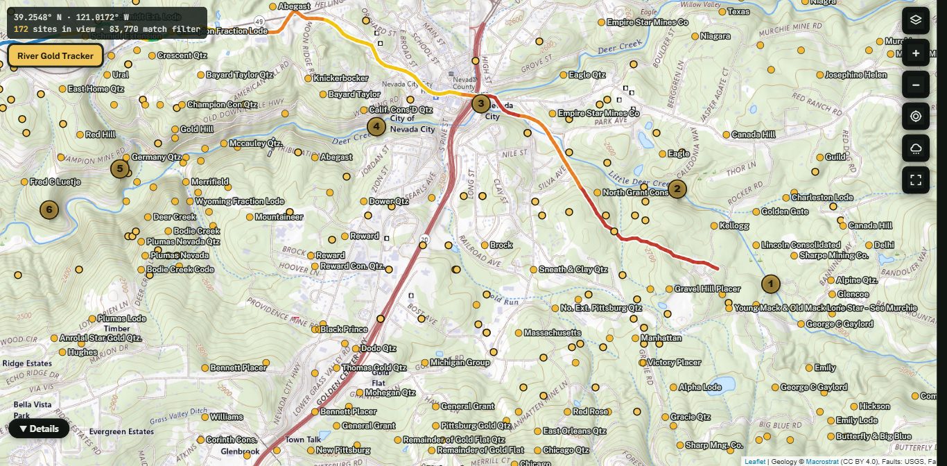 GoldScout River Gold Tracker: a creek traced in yellow to red with numbered spots 1 to 6, over a topo map full of USGS mine sites